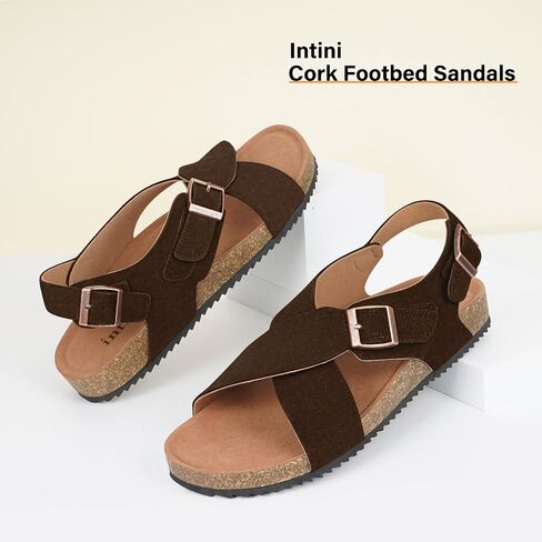 Intini Women's Cork Footbed Sandals with Arch Support Suede Leather Flat Slides Sandals Comfort Open Toe Slip On Shoes for Outdoor Summer Adjustable Buckle & Crisscross Band in Saudi Arabia