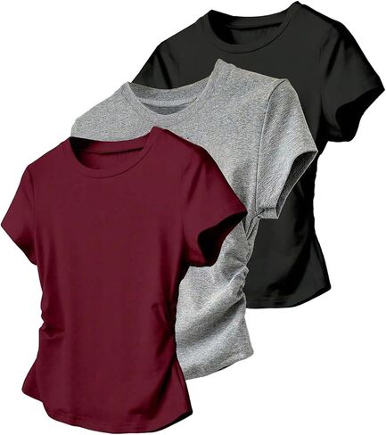 Girl's 3 Packs Short Sleeve Ruched T Shirt Crewneck Slim Fit Basic Tee Tops Summer Clothes in Saudi Arabia