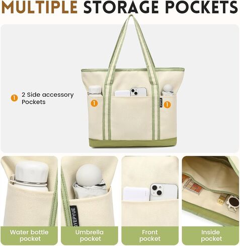 Large Canvas Tote Bag for Women, Beach Bag with Zipper, Utility Tote Bag with 3 Front Pockets, Weekender Pool Bag in Saudi Arabia