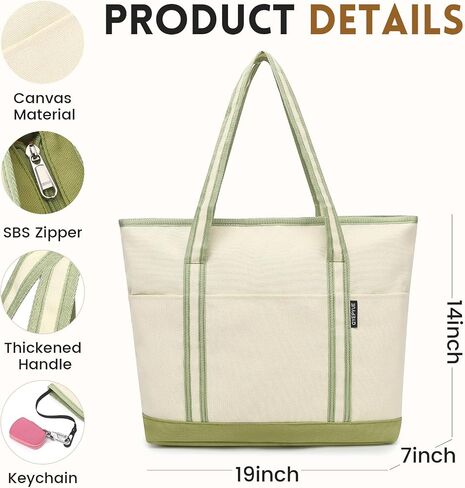 Large Canvas Tote Bag for Women, Beach Bag with Zipper, Utility Tote Bag with 3 Front Pockets, Weekender Pool Bag in Saudi Arabia
