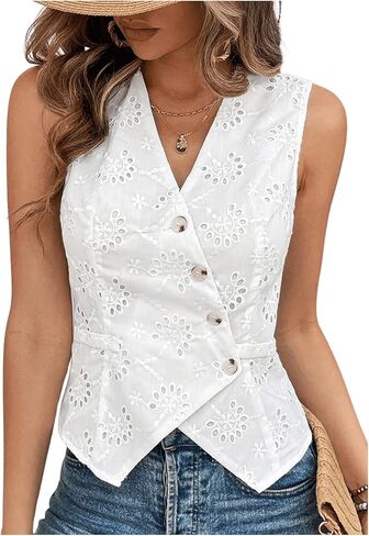 SHENHE Women's Button Up Blouse Eyelet Asymmetrical Blouse Top Dressy Sleevless Vest in Kuwait