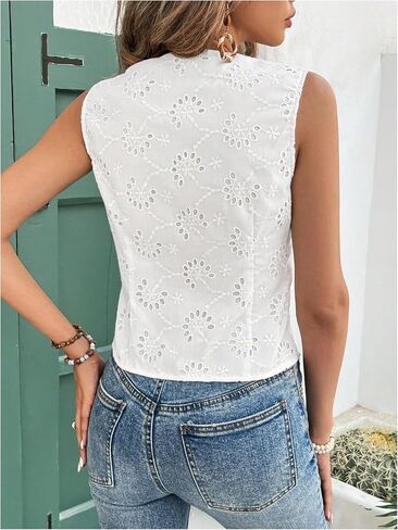 SHENHE Women's Button Up Blouse Eyelet Asymmetrical Blouse Top Dressy Sleevless Vest in Kuwait