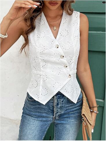SHENHE Women's Button Up Blouse Eyelet Asymmetrical Blouse Top Dressy Sleevless Vest in Kuwait