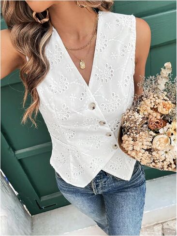 SHENHE Women's Button Up Blouse Eyelet Asymmetrical Blouse Top Dressy Sleevless Vest in Kuwait