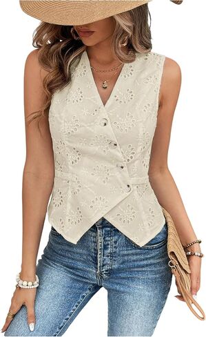 SHENHE Women's Button Up Blouse Eyelet Asymmetrical Blouse Top Dressy Sleevless Vest in Kuwait