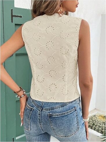SHENHE Women's Button Up Blouse Eyelet Asymmetrical Blouse Top Dressy Sleevless Vest in Kuwait