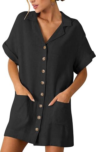 ZAFUL Women's 2025 Summer Button Down Dress Pockets Short Sleeves V-Neck Collar Vacation Beach Cotton T Shirt Dresses in Saudi Arabia