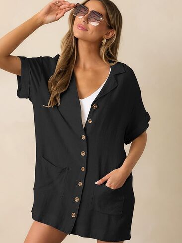 ZAFUL Women's 2025 Summer Button Down Dress Pockets Short Sleeves V-Neck Collar Vacation Beach Cotton T Shirt Dresses in Saudi Arabia