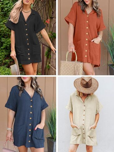 ZAFUL Women's 2025 Summer Button Down Dress Pockets Short Sleeves V-Neck Collar Vacation Beach Cotton T Shirt Dresses in Saudi Arabia