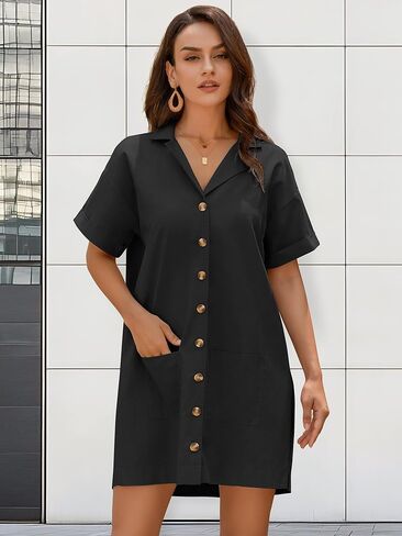 ZAFUL Women's 2025 Summer Button Down Dress Pockets Short Sleeves V-Neck Collar Vacation Beach Cotton T Shirt Dresses in Saudi Arabia