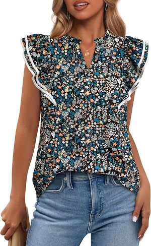 BTFBM Women Dressy Casual 2025 Summer Shirts Boho Floral Notched V Neck Ruffle Cap Sleeve Tops Business Work Blouses in Kuwait