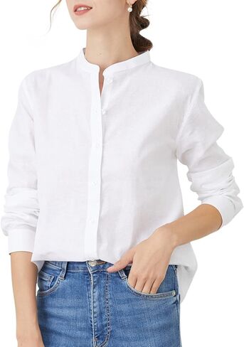 Women's Mandarin Collar Button-Down Shirts Casual Cotton Long Sleeve Blouses in Saudi Arabia