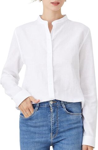 Women's Mandarin Collar Button-Down Shirts Casual Cotton Long Sleeve Blouses in Saudi Arabia