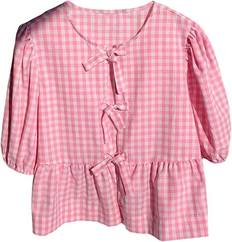 MakeMeChic Women's Plaid Gingham Bow Blouse Puff Sleeve Crew Neck Ruffle Hem Blouses Top in Saudi Arabia