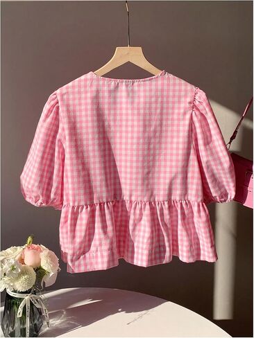 MakeMeChic Women's Plaid Gingham Bow Blouse Puff Sleeve Crew Neck Ruffle Hem Blouses Top in Saudi Arabia