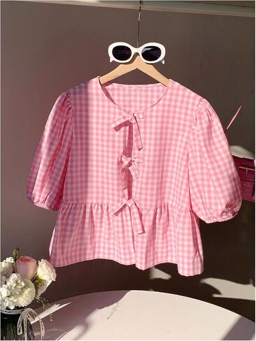 MakeMeChic Women's Plaid Gingham Bow Blouse Puff Sleeve Crew Neck Ruffle Hem Blouses Top in Saudi Arabia