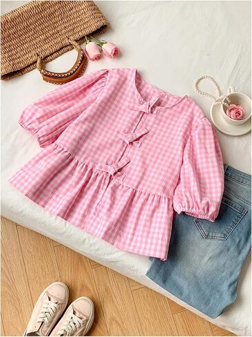 MakeMeChic Women's Plaid Gingham Bow Blouse Puff Sleeve Crew Neck Ruffle Hem Blouses Top in Saudi Arabia