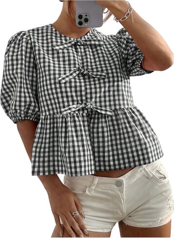 MakeMeChic Women's Plaid Gingham Bow Blouse Puff Sleeve Crew Neck Ruffle Hem Blouses Top in Saudi Arabia