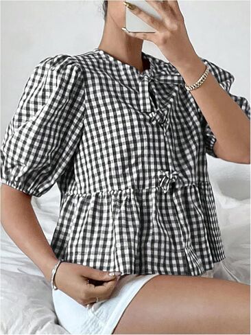MakeMeChic Women's Plaid Gingham Bow Blouse Puff Sleeve Crew Neck Ruffle Hem Blouses Top in Saudi Arabia