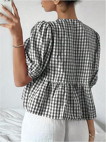 MakeMeChic Women's Plaid Gingham Bow Blouse Puff Sleeve Crew Neck Ruffle Hem Blouses Top in Saudi Arabia