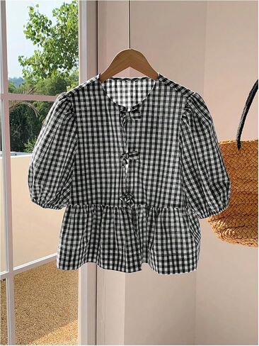 MakeMeChic Women's Plaid Gingham Bow Blouse Puff Sleeve Crew Neck Ruffle Hem Blouses Top in Saudi Arabia