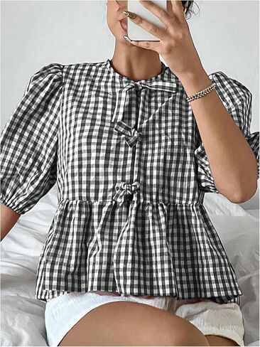 MakeMeChic Women's Plaid Gingham Bow Blouse Puff Sleeve Crew Neck Ruffle Hem Blouses Top in Saudi Arabia