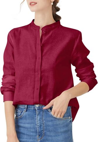 Women's Mandarin Collar Button-Down Shirts Casual Cotton Long Sleeve Blouses in Saudi Arabia