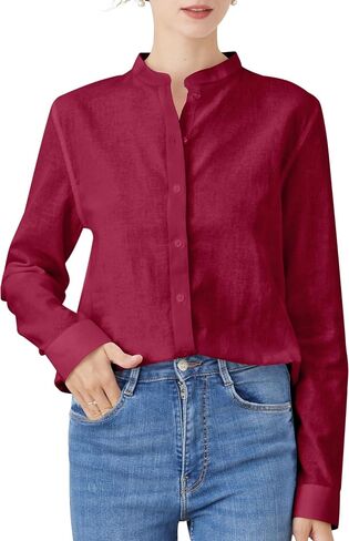 Women's Mandarin Collar Button-Down Shirts Casual Cotton Long Sleeve Blouses in Saudi Arabia