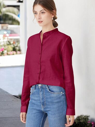 Women's Mandarin Collar Button-Down Shirts Casual Cotton Long Sleeve Blouses in Saudi Arabia