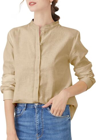 Women's Mandarin Collar Button-Down Shirts Casual Cotton Long Sleeve Blouses in Saudi Arabia