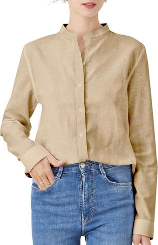 Women's Mandarin Collar Button-Down Shirts Casual Cotton Long Sleeve Blouses in Saudi Arabia