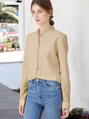 Women's Mandarin Collar Button-Down Shirts Casual Cotton Long Sleeve Blouses in Saudi Arabia