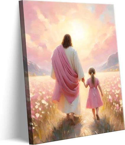 Jesus Walking with Girl Canvas Wall Art Christian The Way He Leads Wall Decor Picture I will walk with Christ Poster Print Religious God Artwork for Baby Girl Room Decoration 12x16in in Kuwait