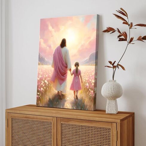 Jesus Walking with Girl Canvas Wall Art Christian The Way He Leads Wall Decor Picture I will walk with Christ Poster Print Religious God Artwork for Baby Girl Room Decoration 12x16in in Kuwait