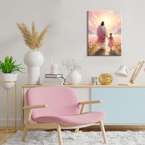 Jesus Walking with Girl Canvas Wall Art Christian The Way He Leads Wall Decor Picture I will walk with Christ Poster Print Religious God Artwork for Baby Girl Room Decoration 12x16in in Kuwait