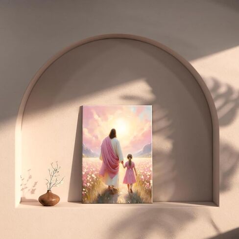 Jesus Walking with Girl Canvas Wall Art Christian The Way He Leads Wall Decor Picture I will walk with Christ Poster Print Religious God Artwork for Baby Girl Room Decoration 12x16in in Kuwait