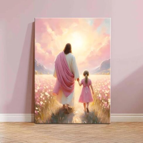 Jesus Walking with Girl Canvas Wall Art Christian The Way He Leads Wall Decor Picture I will walk with Christ Poster Print Religious God Artwork for Baby Girl Room Decoration 12x16in in Kuwait