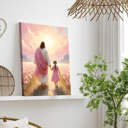 Jesus Walking with Girl Canvas Wall Art Christian The Way He Leads Wall Decor Picture I will walk with Christ Poster Print Religious God Artwork for Baby Girl Room Decoration 12x16in in Kuwait