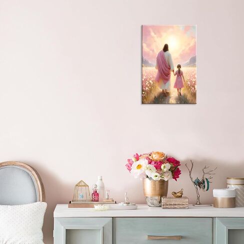 Jesus Walking with Girl Canvas Wall Art Christian The Way He Leads Wall Decor Picture I will walk with Christ Poster Print Religious God Artwork for Baby Girl Room Decoration 12x16in in Kuwait