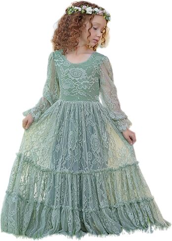 Flower Girl Dress Lace Boho Toddler Dresses Ruffle Girl Dress for Wedding Garden Party Holiday Communion Long Sleeve in Saudi Arabia
