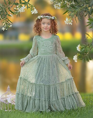 Flower Girl Dress Lace Boho Toddler Dresses Ruffle Girl Dress for Wedding Garden Party Holiday Communion Long Sleeve in Saudi Arabia