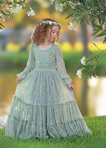 Flower Girl Dress Lace Boho Toddler Dresses Ruffle Girl Dress for Wedding Garden Party Holiday Communion Long Sleeve in Saudi Arabia