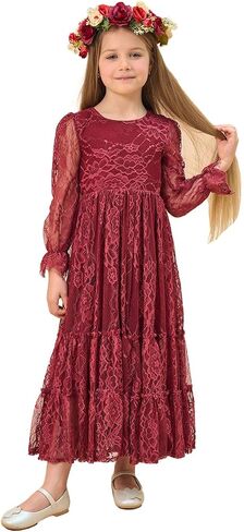 Flower Girl Dress Lace Boho Toddler Dresses Ruffle Girl Dress for Wedding Garden Party Holiday Communion Long Sleeve in Saudi Arabia