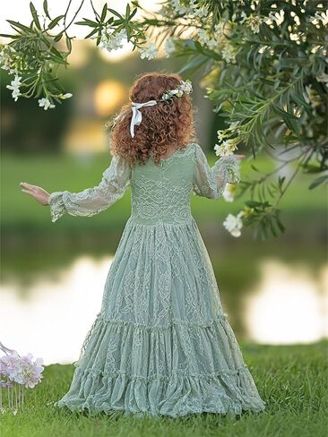 Flower Girl Dress Lace Boho Toddler Dresses Ruffle Girl Dress for Wedding Garden Party Holiday Communion Long Sleeve in Saudi Arabia