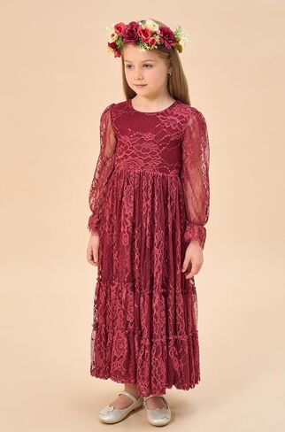 Flower Girl Dress Lace Boho Toddler Dresses Ruffle Girl Dress for Wedding Garden Party Holiday Communion Long Sleeve in Saudi Arabia