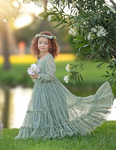 Flower Girl Dress Lace Boho Toddler Dresses Ruffle Girl Dress for Wedding Garden Party Holiday Communion Long Sleeve in Saudi Arabia