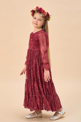 Flower Girl Dress Lace Boho Toddler Dresses Ruffle Girl Dress for Wedding Garden Party Holiday Communion Long Sleeve in Saudi Arabia