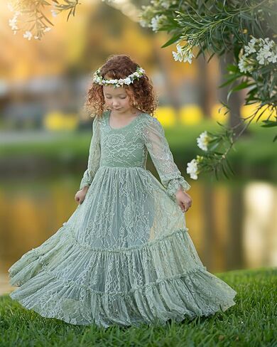 Flower Girl Dress Lace Boho Toddler Dresses Ruffle Girl Dress for Wedding Garden Party Holiday Communion Long Sleeve in Saudi Arabia
