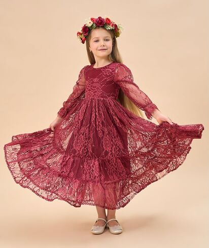 Flower Girl Dress Lace Boho Toddler Dresses Ruffle Girl Dress for Wedding Garden Party Holiday Communion Long Sleeve in Saudi Arabia