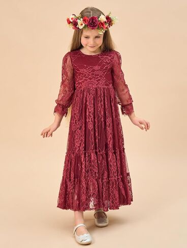 Flower Girl Dress Lace Boho Toddler Dresses Ruffle Girl Dress for Wedding Garden Party Holiday Communion Long Sleeve in Saudi Arabia